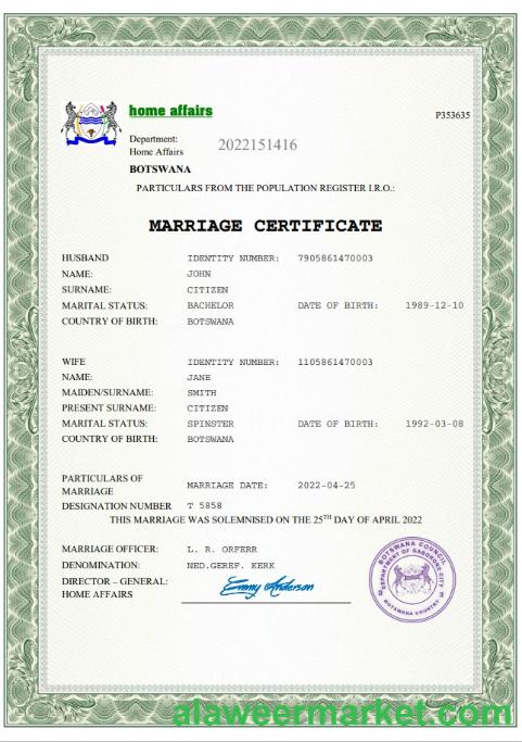 Botswana marriage certificate Word and PDF template